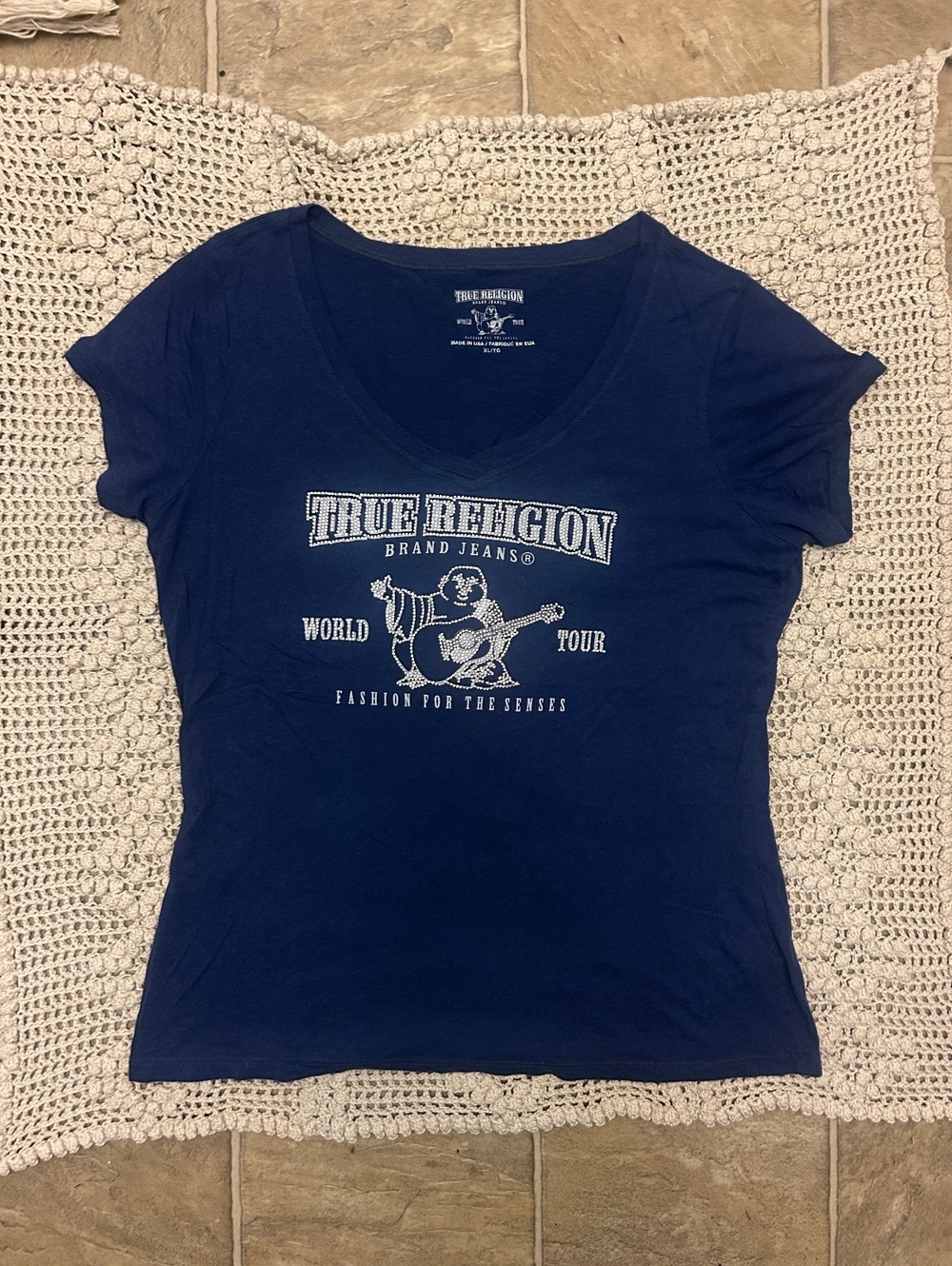 True Religion Womens XL Blue V Neck T Shirt Rhinestone Bling Y2K Cotton Modal